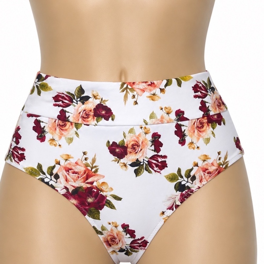Cupshe Floral High Waisted Bikini Bottom White Burgundy Peach Rose Print Large